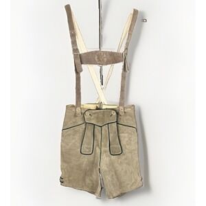 VTG Gray Suede Lederhosen Oktoberfest German Bavarian Suspender Shorts 26" Waist